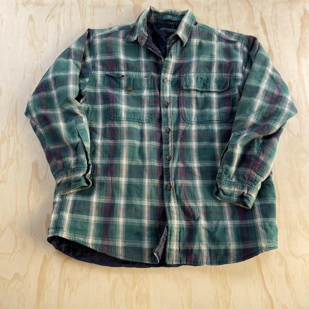 Vintage Claybrooke Outdoors Shirt Jacket Mens Large Green Plaid Quilted Lined